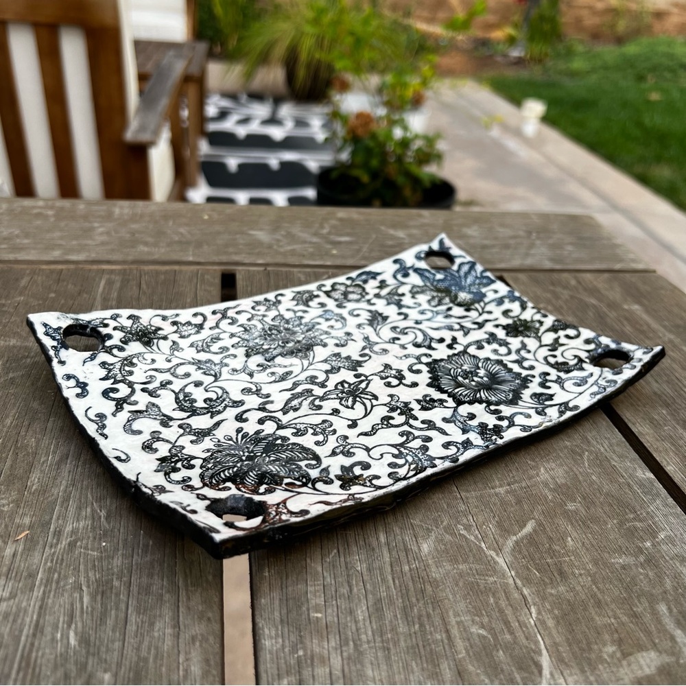 Studio Pottery Floral Lace Vanity Tray Plate or Candle Trinket Plate Curved Edge
